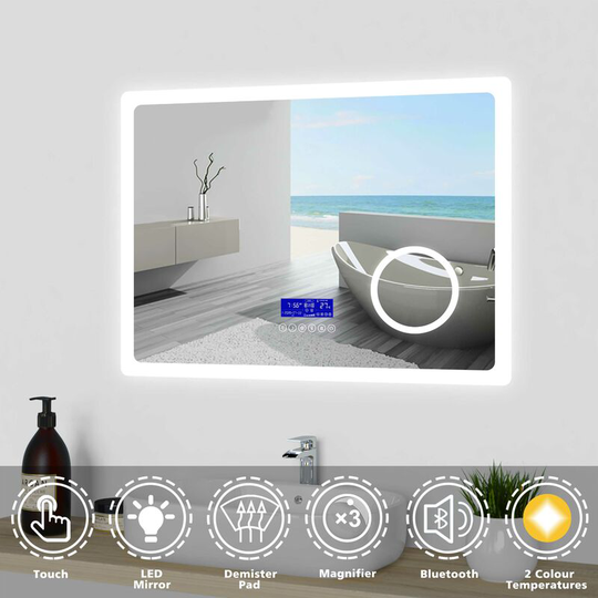 Aica Sanitär - Bathroom Mirror led Illuminated Lights with Bluetooth Speaker Clock Demister Pad