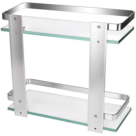 2-Tier Bathroom Shelves, Shower Caddy Bath Basket Storage Shelf, Thick Tempered Glass Aluminum Wall Mounted Bathroom Shelf Rack Kitchen Storage Shelf