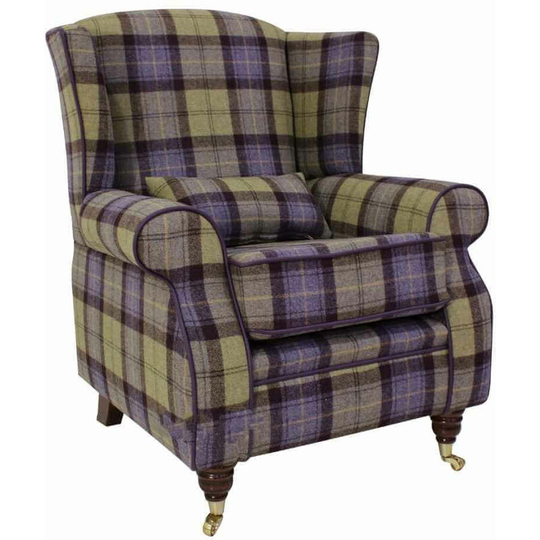 Arnold Wool Tweed Wing Chair Fireside High Back Armchair Plaid Blackberry Crumble Check Fabric