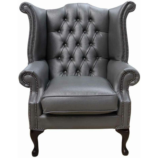 Bonded Leather Grey Chesterfield Queen Anne Wing chair Designersofas4u