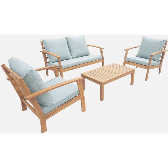 Alice's Garden - 4-seater wooden garden sofa - Ushuaïa - Sage green cushions, acacia wood sofa, armchairs and coffee table, designer piece - Wood