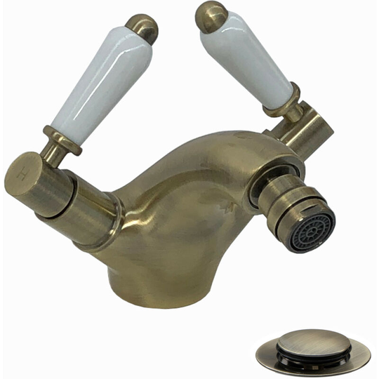 Enki - Downton, BT3224, Antique Bronze, Bidet Mixer Tap with Rod-Operated Waste, Traditional Victorian Swivel Handle, Solid Brass, Easy Clean,