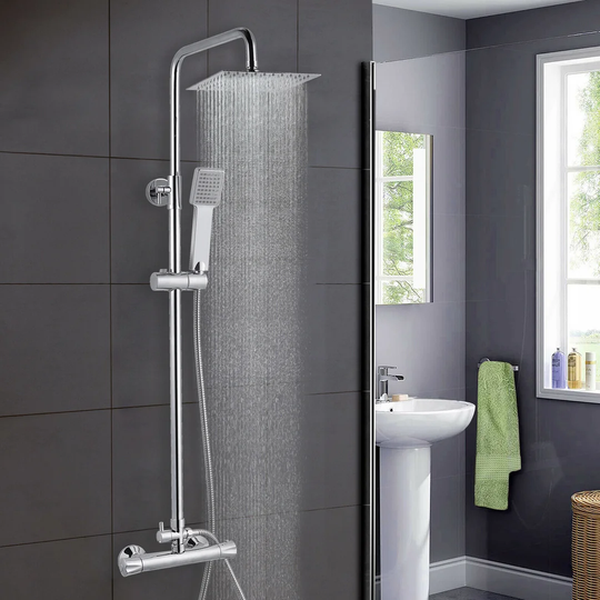Bathroom Shower Mixer Thermostatic Set Twin Head Chrome Exposed Valve Square Set