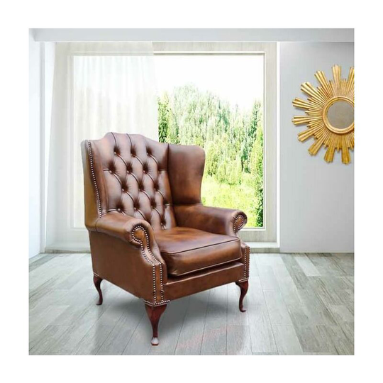 Designersofas4u - Chesterfield Mallory Flat Wing Queen Anne High Back Wing Chair uk Manufactured Antique Tan Leather