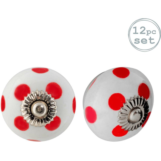 Round Ceramic Cabinet Knobs - Red Spot - Pack of 12 - Nicola Spring