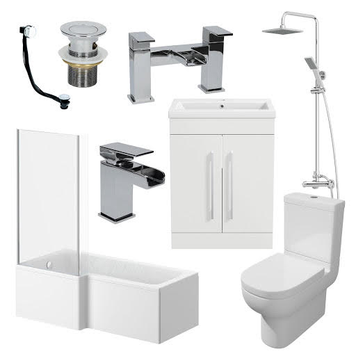 Oceane Complete Bathroom Suite with L Shape Shower Bath & Aurora Vanity Unit - Left Hand 1700mm