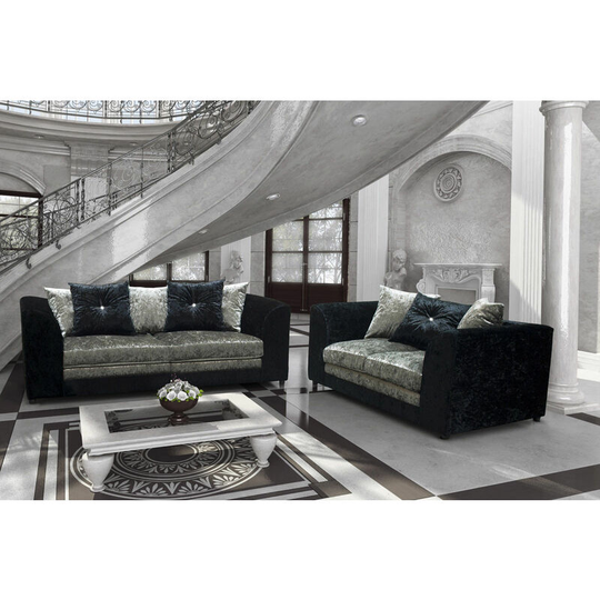 Bella 3 & 2 Seater Crushed Velvet Sofa Set - Black & Silver