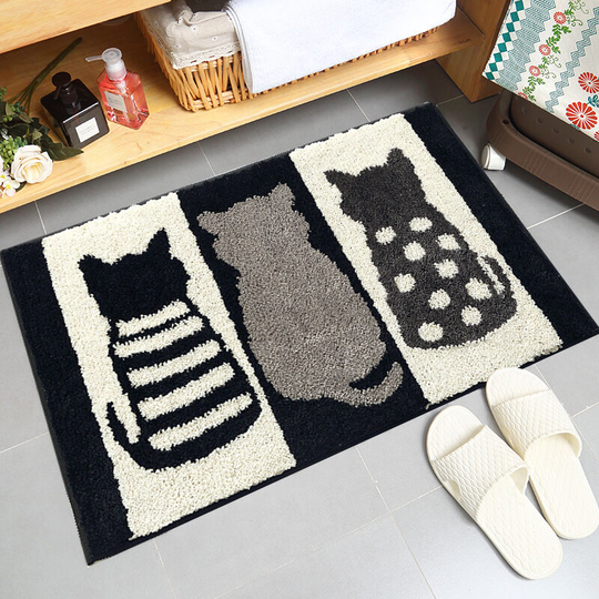 Perlerare - Non-Slip Absorbent Bath Mat Microfiber Bathroom Shower Mat Machine Washable Floor Mat(45X65cm,black cat white)
