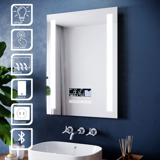 Bathroom Mirror Lights 600 x 800 mm Bathroom Led Mirror with Shaver Socket and Bluetooth Anti Fog Mirror with Clock - Elegant