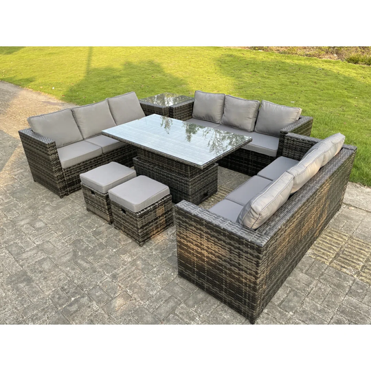 Outdoor Garden Furniture Rattan Sofa Adjustable Rising Table Footstool Dark Grey Mixed