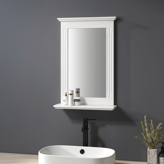 White Mirror Bathroom Mirror with Shelf Wooden Frame Wall-Mounted Mirror with Wooden Shelf Wall Hanging Mirror 400x600mm - Heilmetz