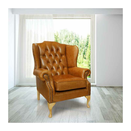 Chesterfield Gladstone Queen Anne High Back Wing Chair uk Manufactured Old English Tan