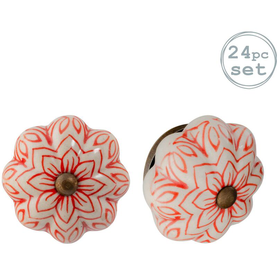 Floral Ceramic Cabinet Knobs - Red - Pack of 24 - Nicola Spring