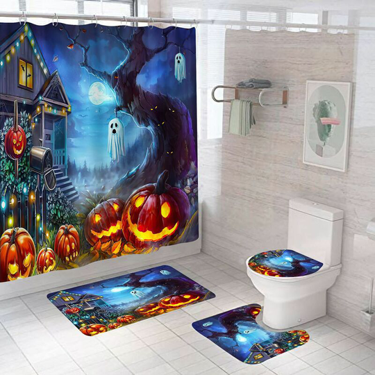 Halloween Pumpkin Shower Curtain Sets, Generic 71 inch x 71 inch Halloween Bathroom Decor Set - Shower Curtain with Mat, Toilet Lid Cover, Bath Mat