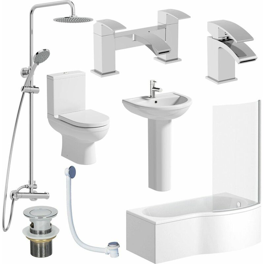 Complete Bathroom Suite rh Shower Bath 1700 Toilet Basin Pedestal Shower Tap Set - White