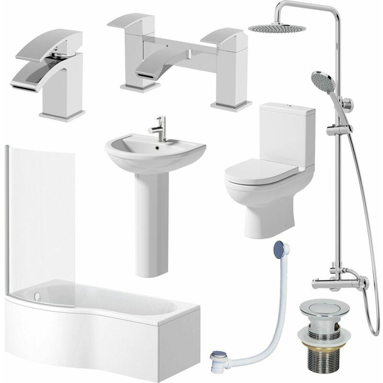 Complete Bathroom Suite LH Shower Bath 1700 Toilet Basin Pedestal Shower Tap Set - White