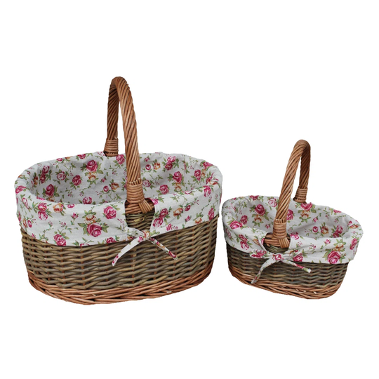 Country Oval Garden Rose Lining Wicker 2 Piece Basket Set