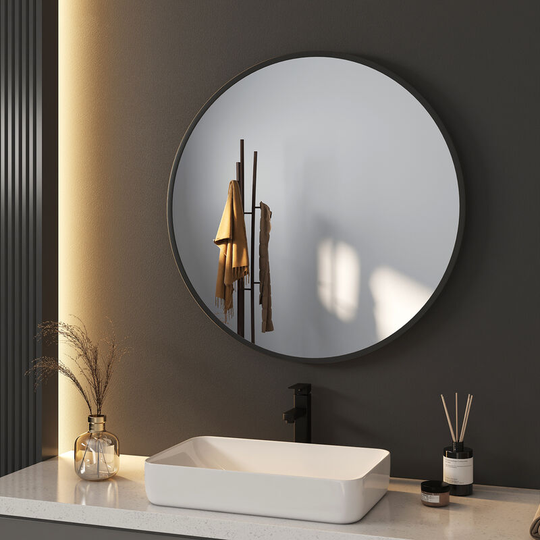 Bathroom Mirror ф70cm Modern Bathroom Hanging Wall Mirror Round Black Frame with Adjustable Leather Strap - Meykoers