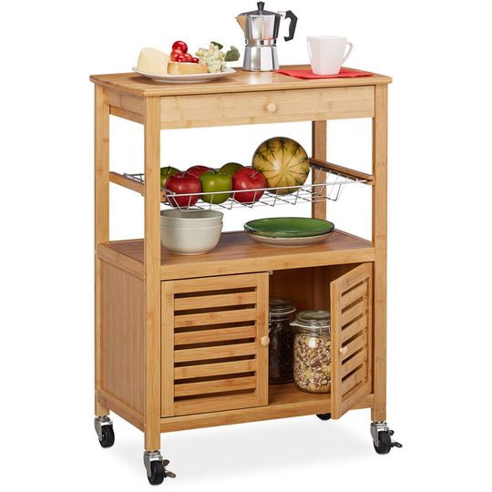 Bamboo Kitchen Trolley, Worktop, Cabinet & Basket, Serving Cart on Castors, hwd: 82 x 59.5 x 35 cm, Natural - Relaxdays