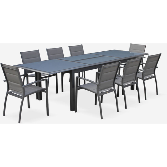 Garden set with extending table - Anthracite grey Philadelphia - 200/300cm aluminium table with glass top, extension and 8 textilene armchairs