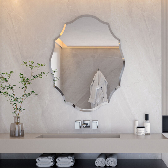 Scalloped Frameless Wall Mounted Bathroom Mirror Decorative Mirror Entrance Decor, Large 63 x 81cm