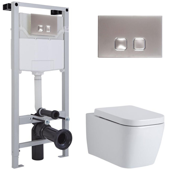 Milano - Longton - White Ceramic Modern Bathroom Wall Hung Square Toilet wc with Tall Wall Frame, Dual Flush Cistern, Soft Close Seat and Square