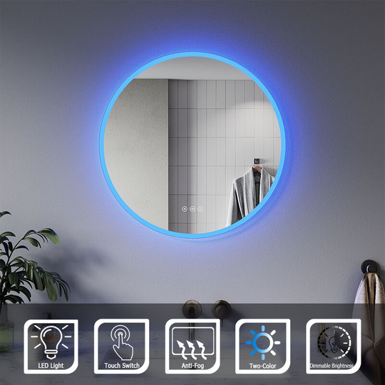 Elegant - Smart Bathroom Mirror Round Dimmable Brightness with Sensor Touch Switch, Demester Pad, Blue/White Lights Illuminated led Bathroom Mirror