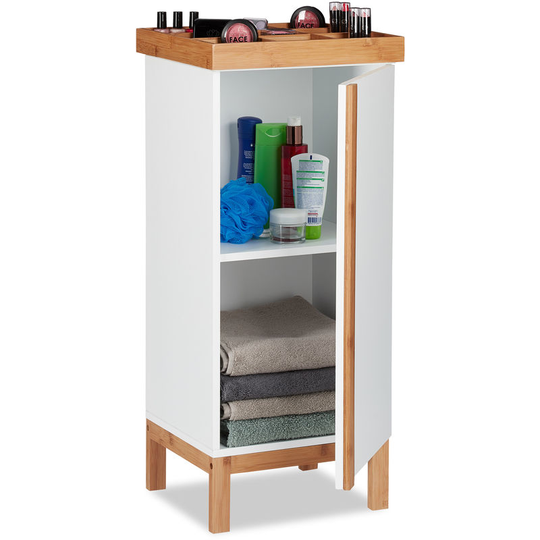 Relaxdays Tall Bathroom Cabinet with Organiser for Watches or Jewellery, Sideboard with Bamboo Elements, 80 x 35 x 30 cm, White