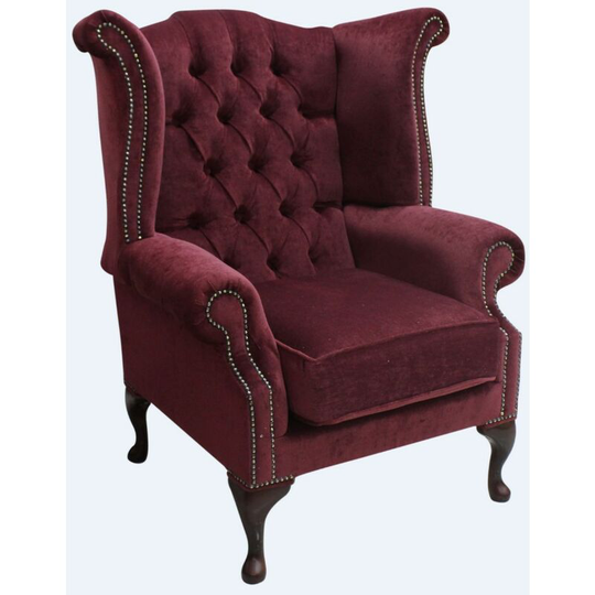 Chesterfield Fabric Queen Anne High Back Wing Chair Pimlico Wine