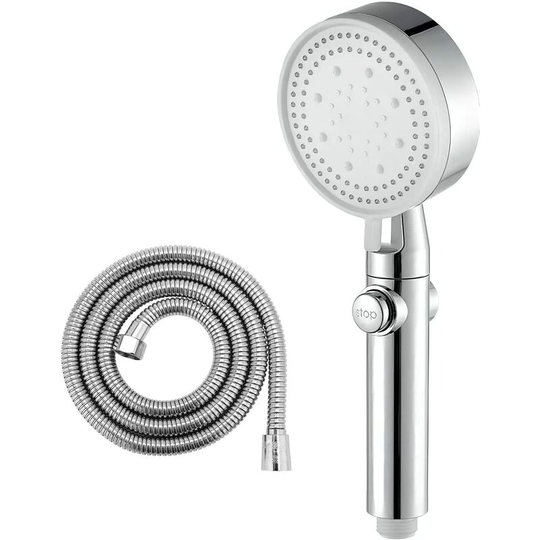 Perlerare - High pressure flexible shower head with stop switch 4 jet modes Bathroom hand shower + chrome hose 1.5 m
