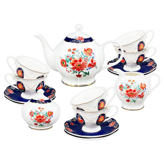 21 Piece Porcelain Afternoon Tea Set, Red Floral Coffee Service For 6, Victorian Tea Set With Teapot, Tea Cups, Sugar Bowl, Milk Jug And Teaspoons