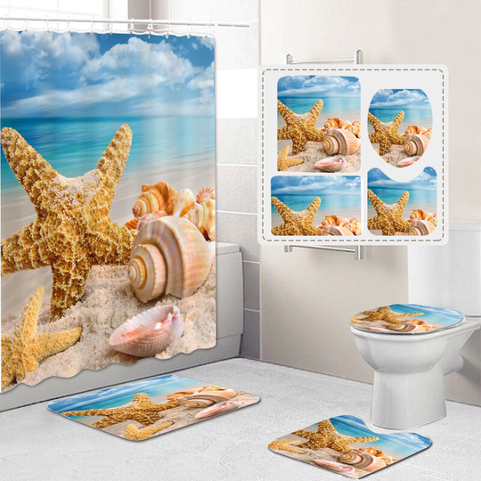 Shower Curtains with Soft Non-Slip Bath Mat Toilet Cover for Bathroom Four Piece, Waterproof Bathtub Curtain Sets, Marine Style Beach Starfish 3D