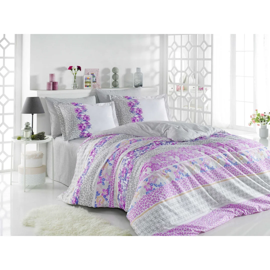 Carnie Grey/White/Lilac 100% Cotton Duvet Cover Set