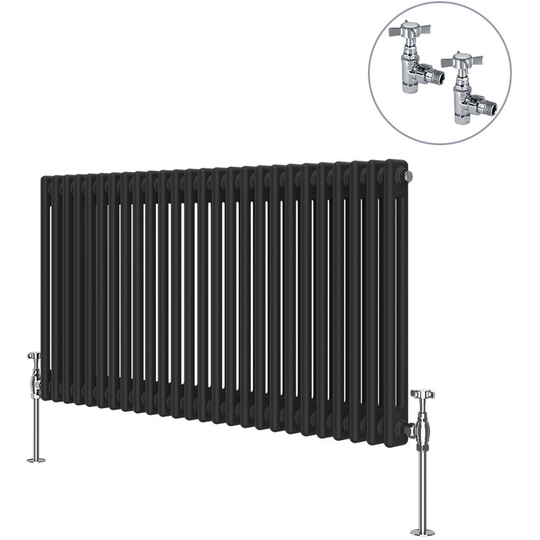 NRG - Traditional Rad Cast Iron Style Radiator Black + Chrome Angled Traditional Radiator Manual Valves 600x1190mm Horizontal Double Column