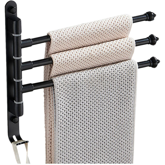 Swivel Out Towel Racks with Hooks 3-Bars Foldable Arms Bath Towel Hanger Wall Mount Towel Bar Aluminum Towel Holder Organizer for Bathroom Kitchen