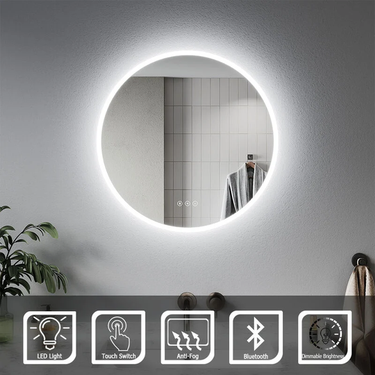 Elegant - Smart Bathroom Mirror Round with Sensor Touch Switch, Demester Pad, Bluetooth Speakers, Memory Function 600 x 600 mm led Illuminated Lights