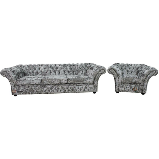 Chesterfield Balmoral 4 + Club Armchair Sofa Settee Suite Lustro Argent Velvet Fabric