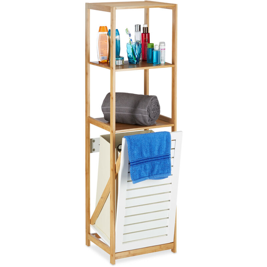Relaxdays - Bathroom Shelf with Laundry Hamper, Bamboo Bath Rack, Narrow, Freestanding, 3 Compartments, HxWxD: 130 x 37 x 33 cm, Natural