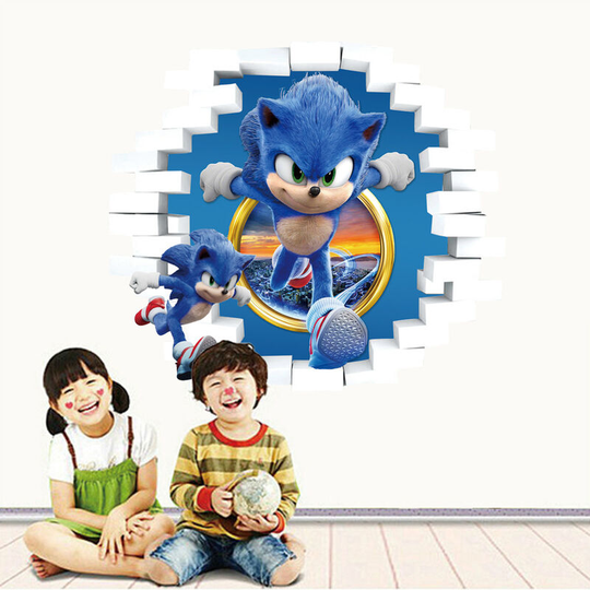 2 pieces of 3D broken wall Sonic wall sticker, living room, bedroom, graffiti decoration, self-adhesive game poster, cartoon animation sticker