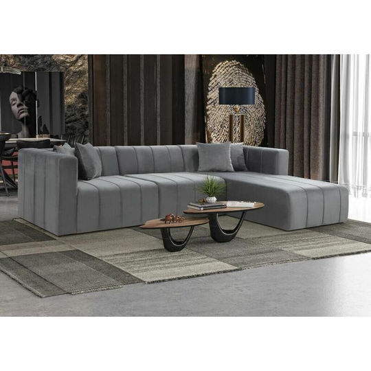 Langham Velvet Fabric Tufted Chaise Sofa Right Hand - Grey