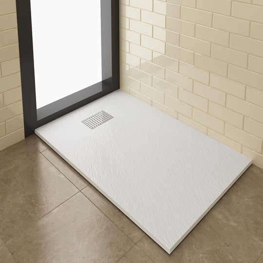 1200x800mm White Slate Effect Shower Tray Slimline Rectangular Grain Shower Base with Waste Trap and Stainless Steel Drain Cover a - Elegant