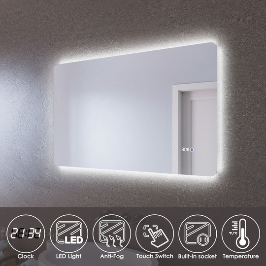 Clock Temperature Display Mirror Illuminated Bathroom Mirror 1000x600mm Mirror with Dual Sensor and Shaver Socket - Elegant