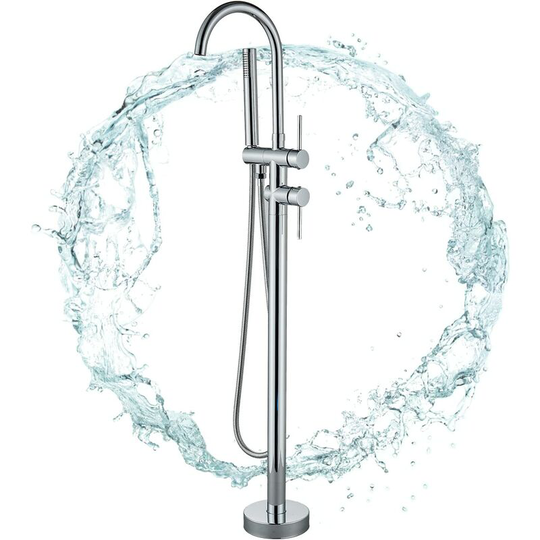Free Standing Bathtub Tap Floor Mounting 360° Swivel Spout with Flexible Hand Shower Chrome Finish - Suguword