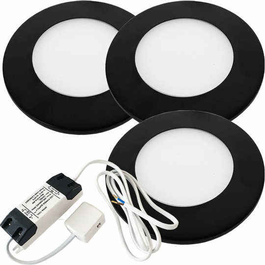 Loops - 3x matt black Ultra-Slim Round Under Cabinet Kitchen Light & Driver Kit - Natural White Diffused led