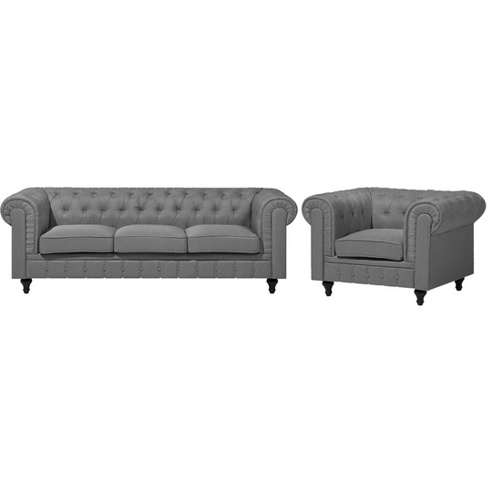 Classic Living Room Sofa Set 3 Seater Armchair Buttoned Grey Chesterfield Big - Grey
