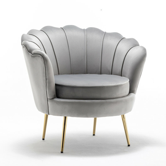 Velvet Accent Chair Leisure Armchair Shell Chair with Gold Metal Legs in Light Grey - Light Grey