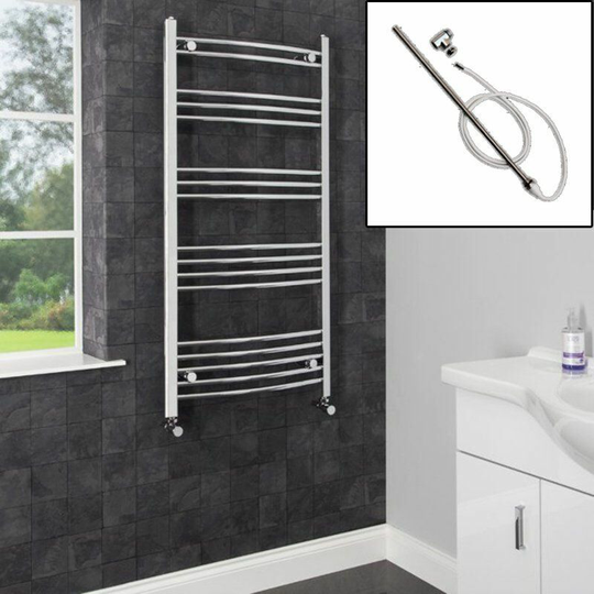 Dual Fuel Heated Towel Rail Chrome Designer Curved Manual Electric 1200x600mm - Silver