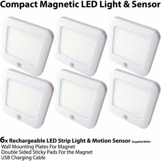 6x Rechargeable Magnetic led Square Light & pir Motion Sensor - Cupboard Cabinet Kitchen Unit Mini Auto Spotlight
