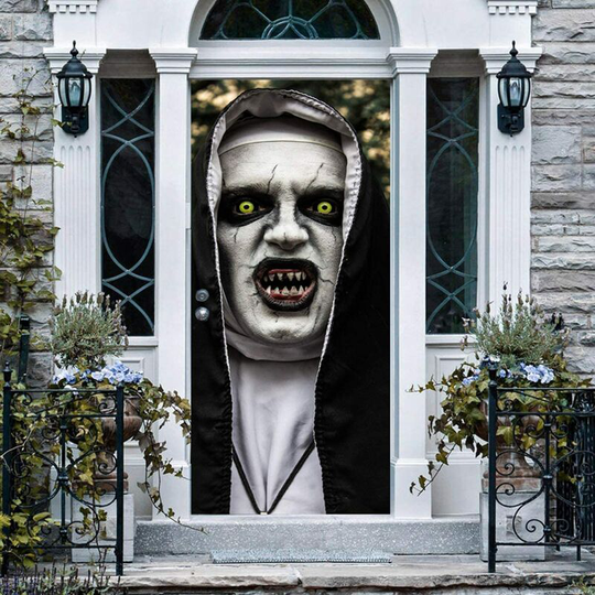 Halloween 3D Nun Door Stickers, 77x200cm Scary Ghost Nun Lifelike Door Wallpaper Sticker for Halloween Decoration