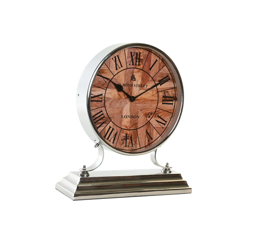 Boxrah Analog Solid Wood Mango Mechanical Tabletop Clock in Silver